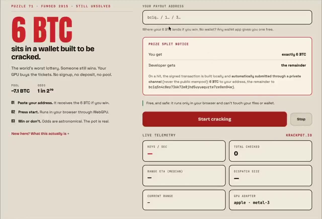 Bitcoin Puzzle 71 : 7,1 BTC à gagner en cassant une clé privée, l'outil Krackpot ouvre la chasse au grand public