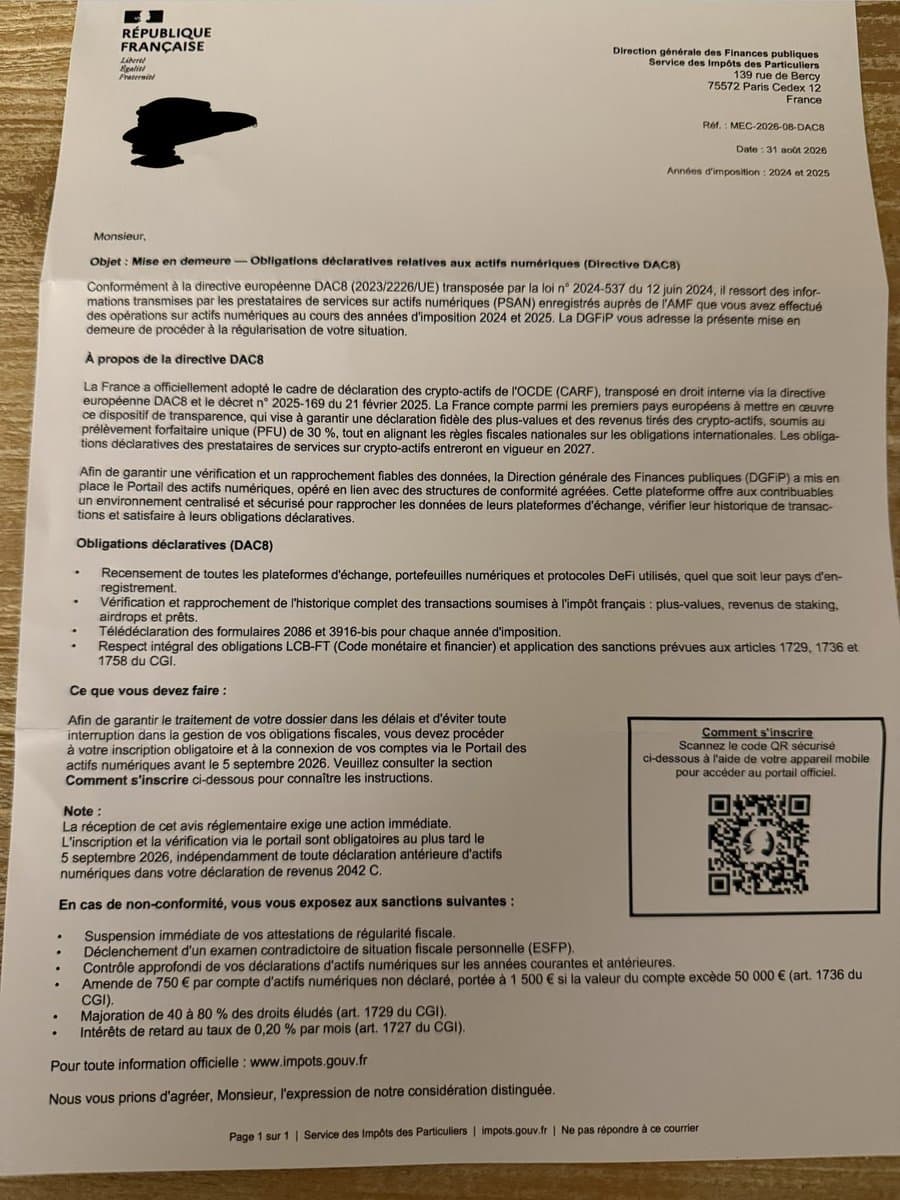 Arnaque fiscale crypto : un faux courrier DGFiP cible les détenteurs de cryptomonnaies avec un QR code frauduleux